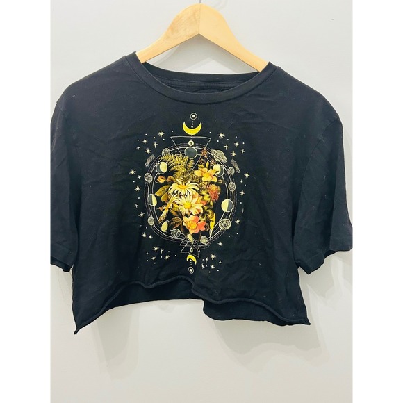 Obsessive Love Tops - Obsessive Love Womens Black Celestial Floral Moon Phase Graphic Crop Top Large
